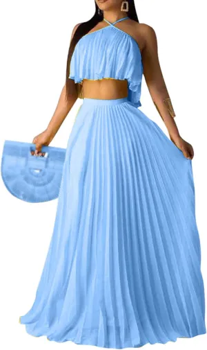 Raboolion Women's Halter Neck Sleevless Chiffon Maxi Dress Ruffle Crop Top and Flowy Pleated Skirts Sets Party Beach Sundress