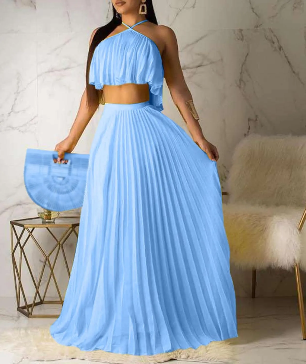 Raboolion Women's Halter Neck Sleevless Chiffon Maxi Dress Ruffle Crop Top and Flowy Pleated Skirts Sets Party Beach Sundress