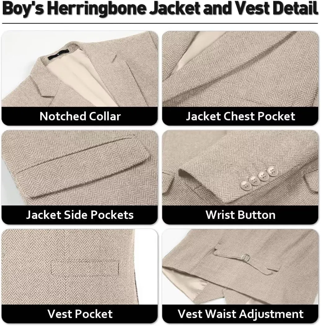 Retro Boys Slim Suits Tweed Herringbone Suit 3 Piece Formal Kids Wedding Ring Bearer Outfits Tuxedos Jacket Vest Pants