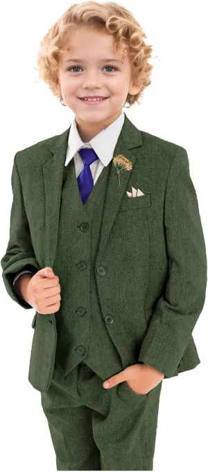 Retro Boys Slim Suits Tweed Herringbone Suit 3 Piece Formal Kids Wedding Ring Bearer Outfits Tuxedos Jacket Vest Pants