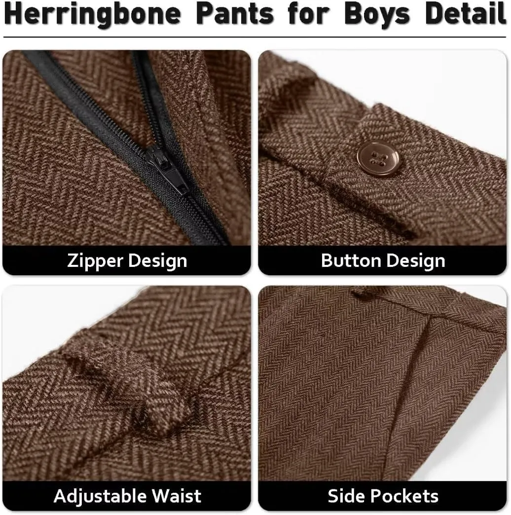 Retro Boys Slim Suits Tweed Herringbone Suit 3 Piece Formal Kids Wedding Ring Bearer Outfits Tuxedos Jacket Vest Pants