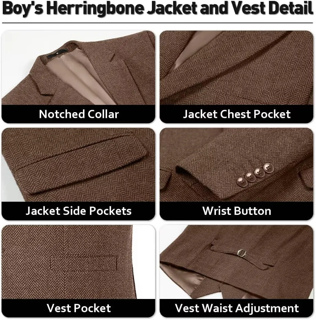 Retro Boys Slim Suits Tweed Herringbone Suit 3 Piece Formal Kids Wedding Ring Bearer Outfits Tuxedos Jacket Vest Pants