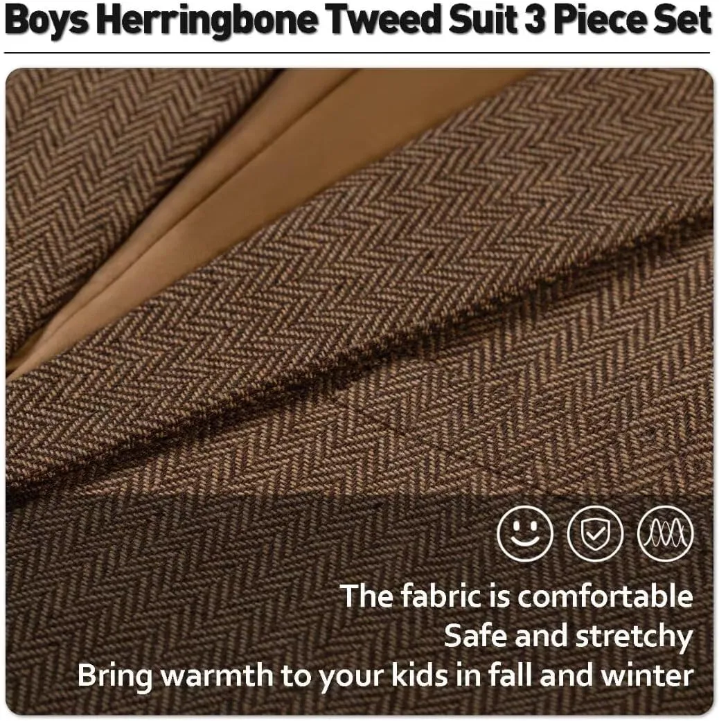 Retro Boys Slim Suits Tweed Herringbone Suit 3 Piece Formal Kids Wedding Ring Bearer Outfits Tuxedos Jacket Vest Pants