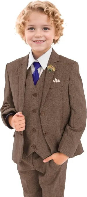 Retro Boys Slim Suits Tweed Herringbone Suit 3 Piece Formal Kids Wedding Ring Bearer Outfits Tuxedos Jacket Vest Pants