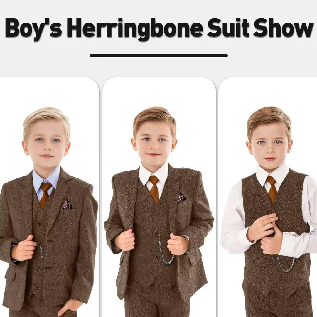 Retro Boys Slim Suits Tweed Herringbone Suit 3 Piece Formal Kids Wedding Ring Bearer Outfits Tuxedos Jacket Vest Pants