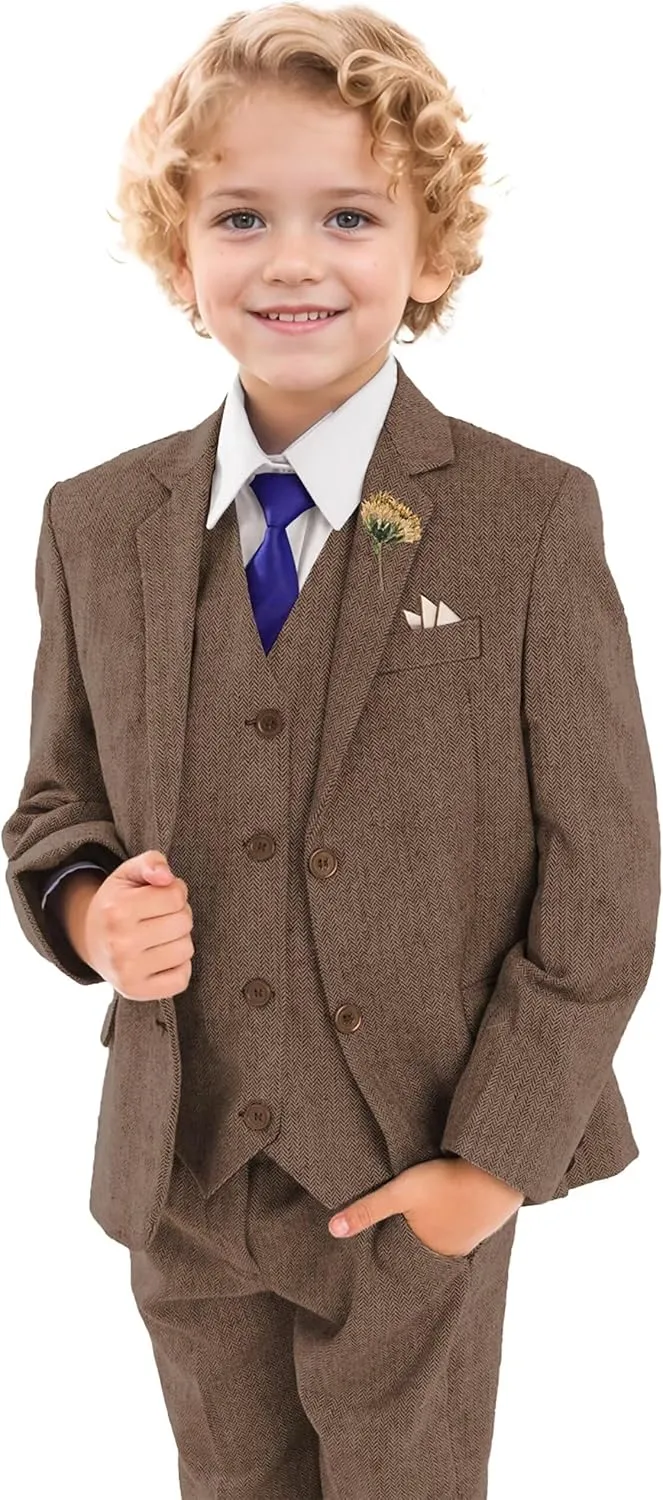 Retro Boys Slim Suits Tweed Herringbone Suit 3 Piece Formal Kids Wedding Ring Bearer Outfits Tuxedos Jacket Vest Pants