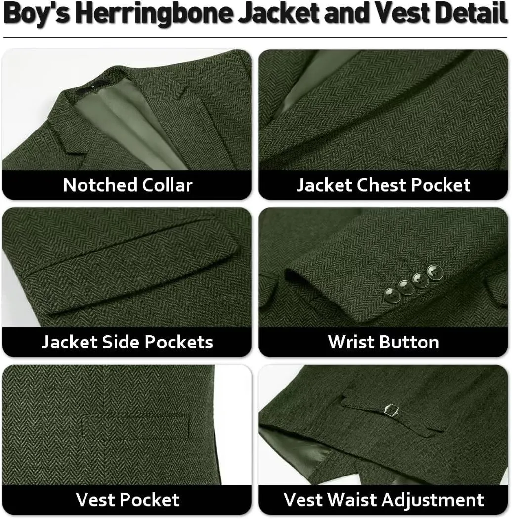 Retro Boys Slim Suits Tweed Herringbone Suit 3 Piece Formal Kids Wedding Ring Bearer Outfits Tuxedos Jacket Vest Pants