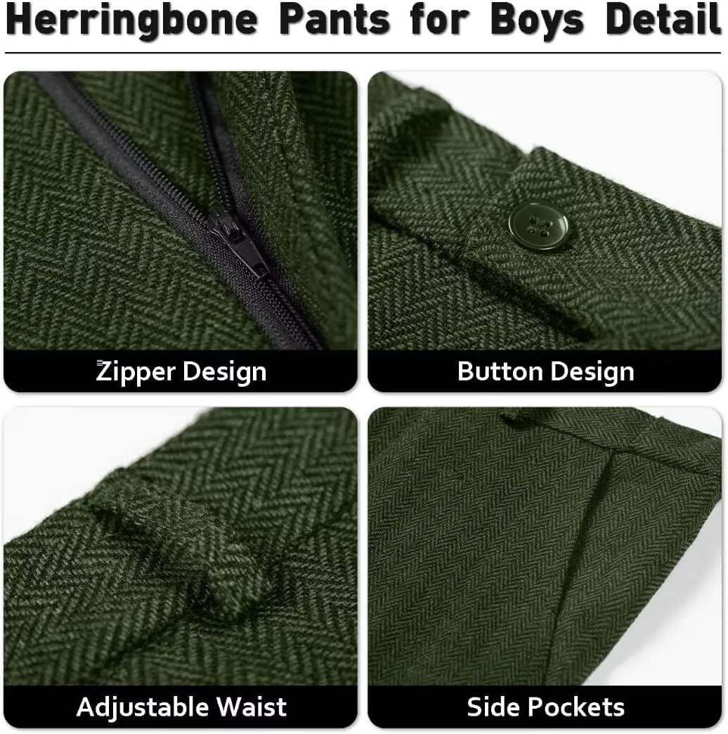 Retro Boys Slim Suits Tweed Herringbone Suit 3 Piece Formal Kids Wedding Ring Bearer Outfits Tuxedos Jacket Vest Pants