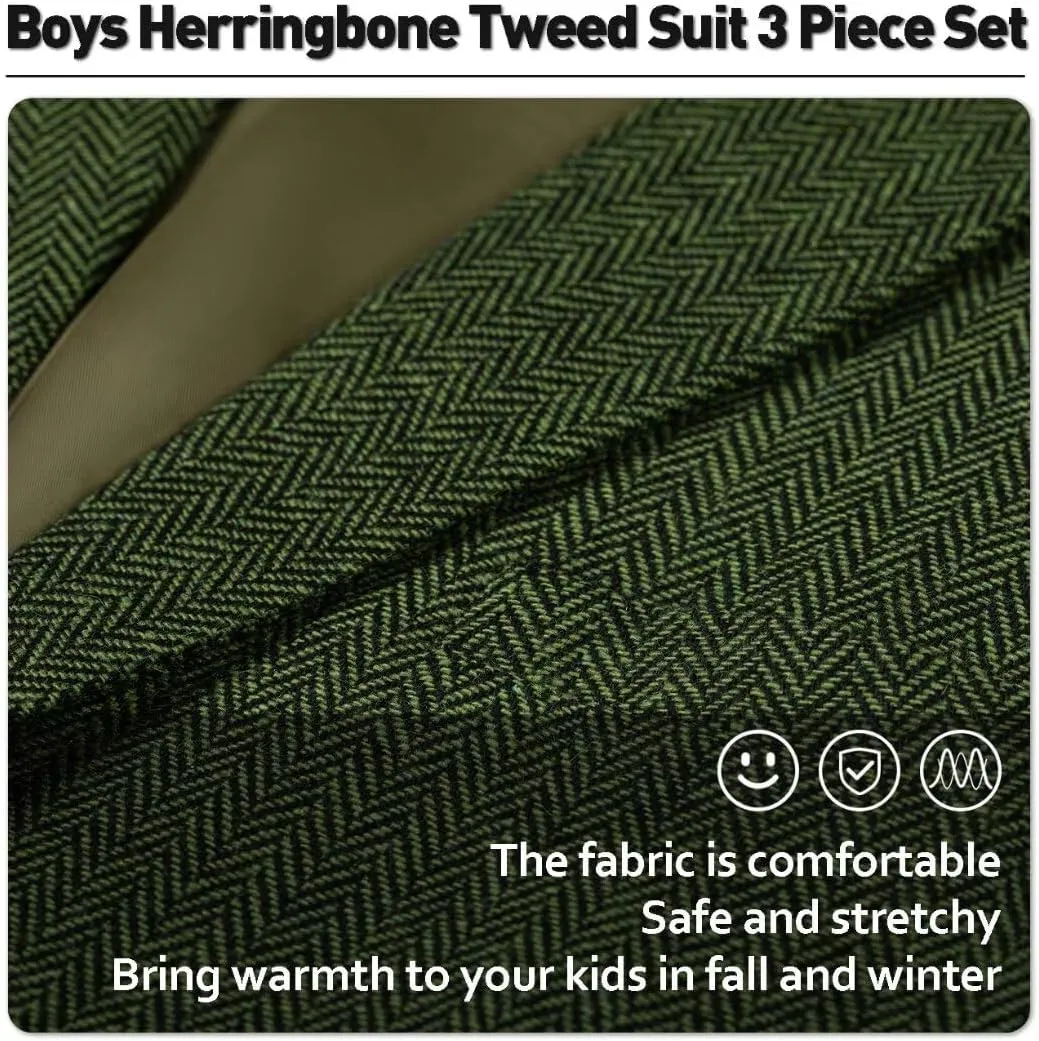 Retro Boys Slim Suits Tweed Herringbone Suit 3 Piece Formal Kids Wedding Ring Bearer Outfits Tuxedos Jacket Vest Pants