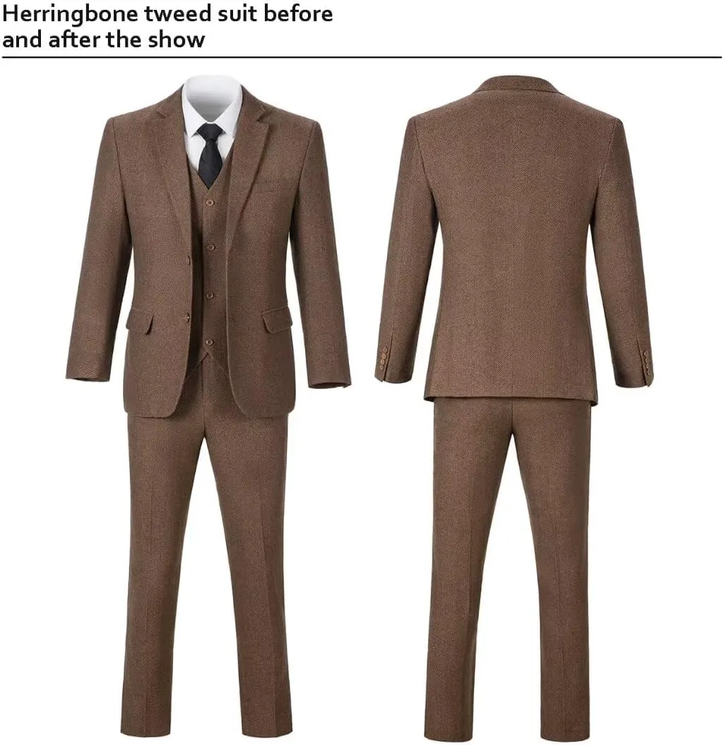 Retro Boys Slim Suits Tweed Herringbone Suit 3 Piece Formal Kids Wedding Ring Bearer Outfits Tuxedos Jacket Vest Pants