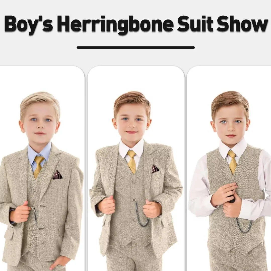 Retro Boys Slim Suits Tweed Herringbone Suit 3 Piece Formal Kids Wedding Ring Bearer Outfits Tuxedos Jacket Vest Pants