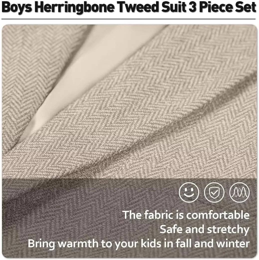 Retro Boys Slim Suits Tweed Herringbone Suit 3 Piece Formal Kids Wedding Ring Bearer Outfits Tuxedos Jacket Vest Pants