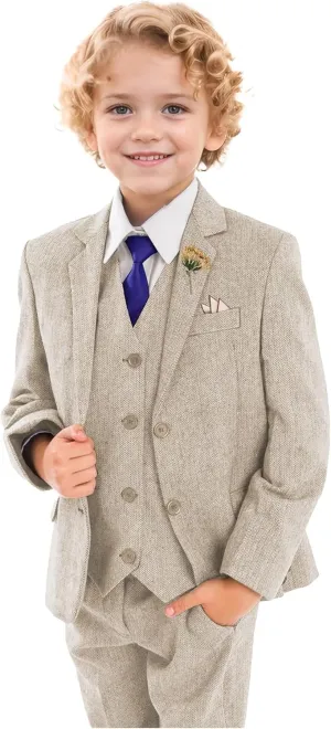 Retro Boys Slim Suits Tweed Herringbone Suit 3 Piece Formal Kids Wedding Ring Bearer Outfits Tuxedos Jacket Vest Pants