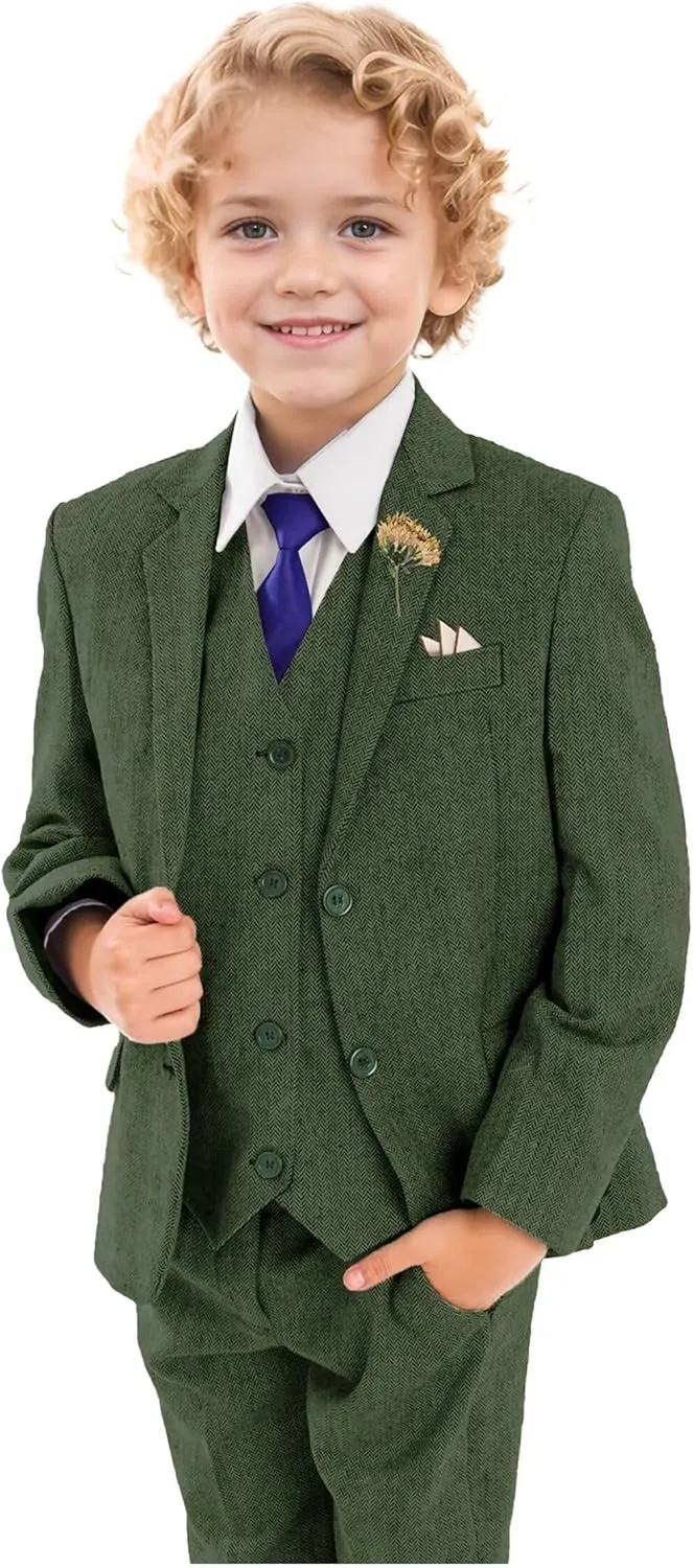 Retro Boys Slim Suits Tweed Herringbone Suit 3 Piece Formal Kids Wedding Ring Bearer Outfits Tuxedos Jacket Vest Pants
