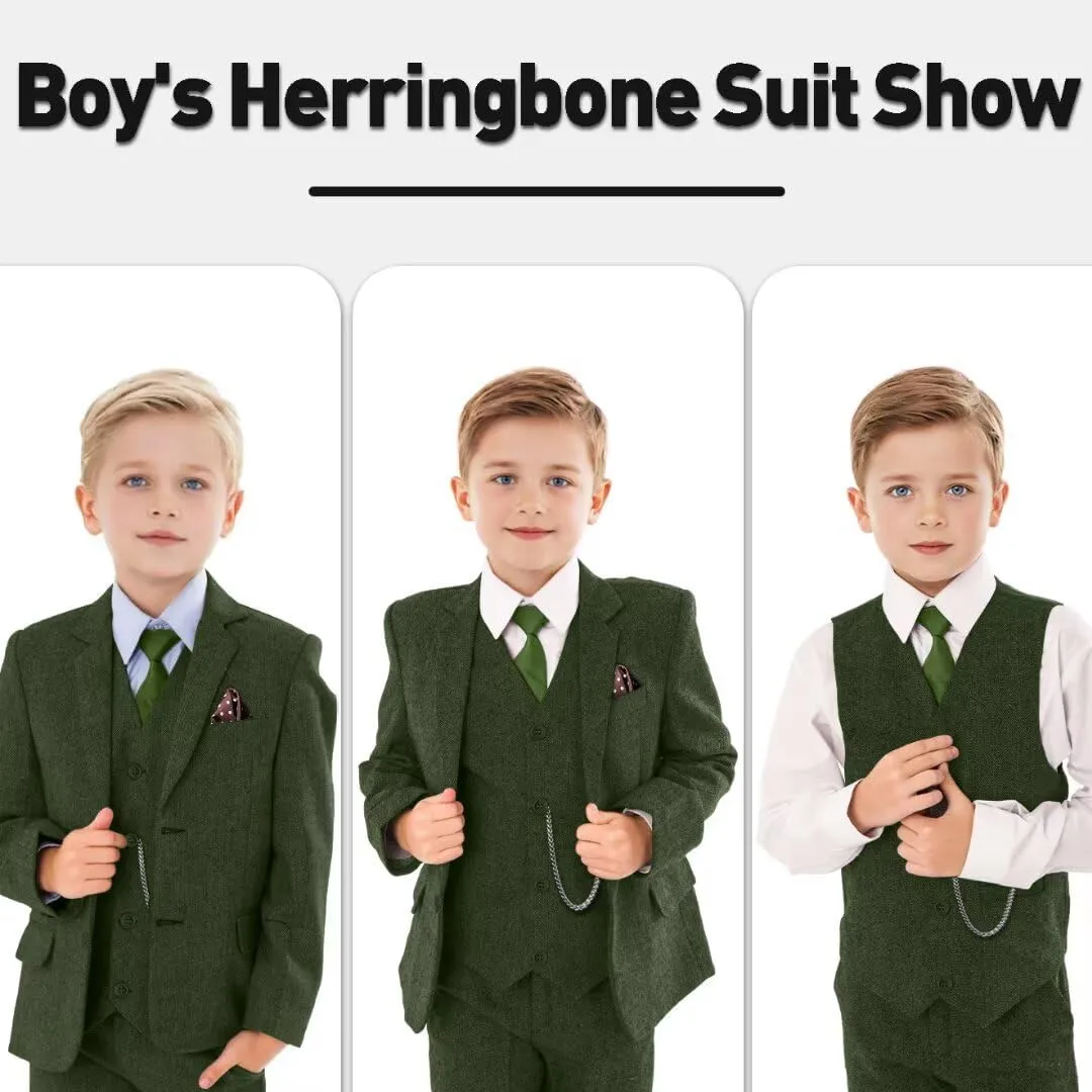 Retro Boys Slim Suits Tweed Herringbone Suit 3 Piece Formal Kids Wedding Ring Bearer Outfits Tuxedos Jacket Vest Pants