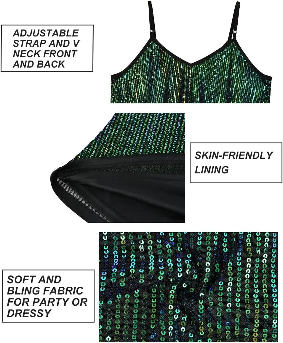 RITERA Plus Size Sequin Tank for Women V Neck Shimmer Sleeveless Tops Glitter Party Spaghetti Sparkle Camisole XL-5XL