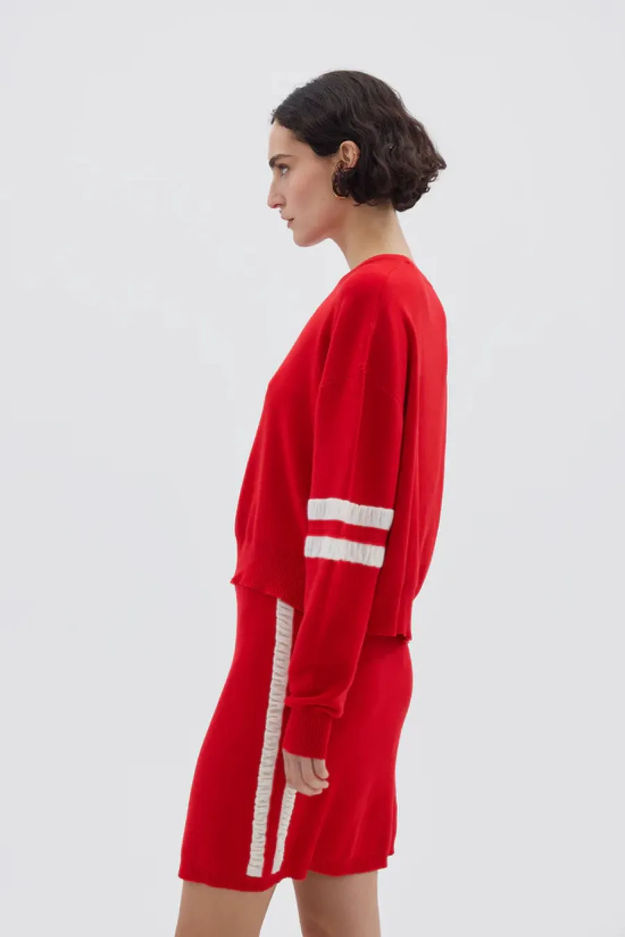 Ruched Striped Rib Sweater Flame / Cream