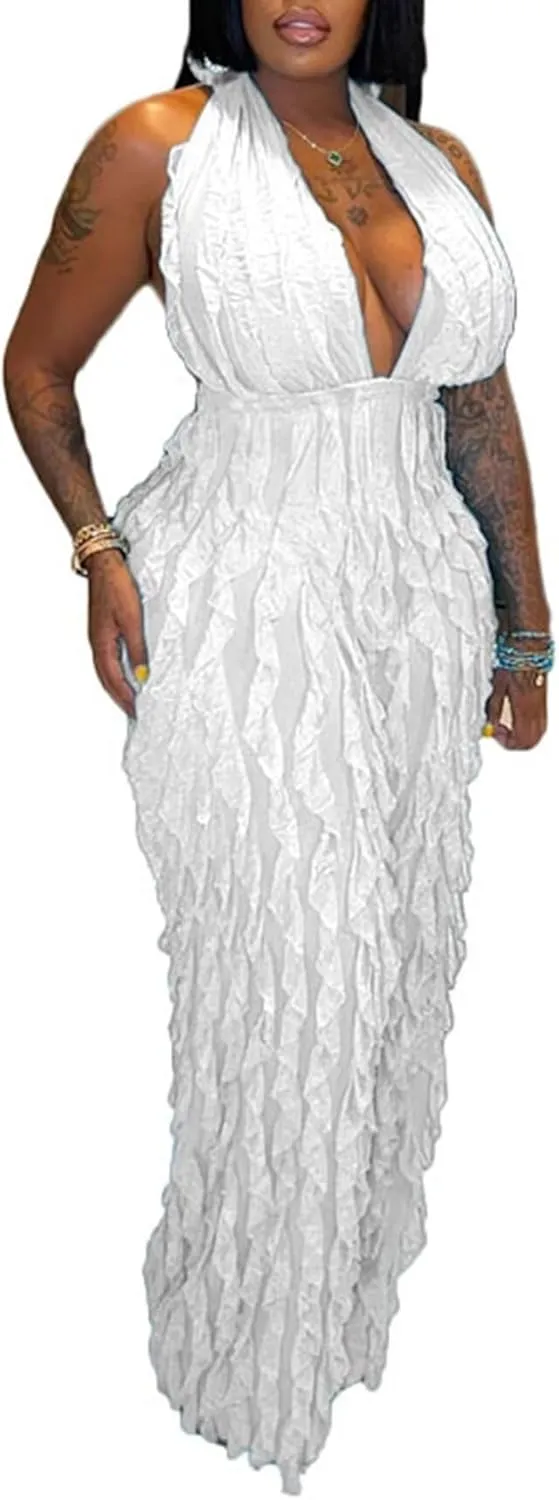 Ryehack Backless Jumpsuit for Women Sexy See Through V Neck Halter Sleeveless Ruffle Wide Leg Pants Romper