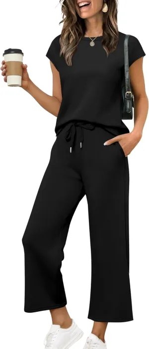 SAMPEEL Two Piece Sets for Women Summer Vacation Outfits Cap Sleeve Tops Lounge Matching Sets Clothing Beach Fashion Clothes
