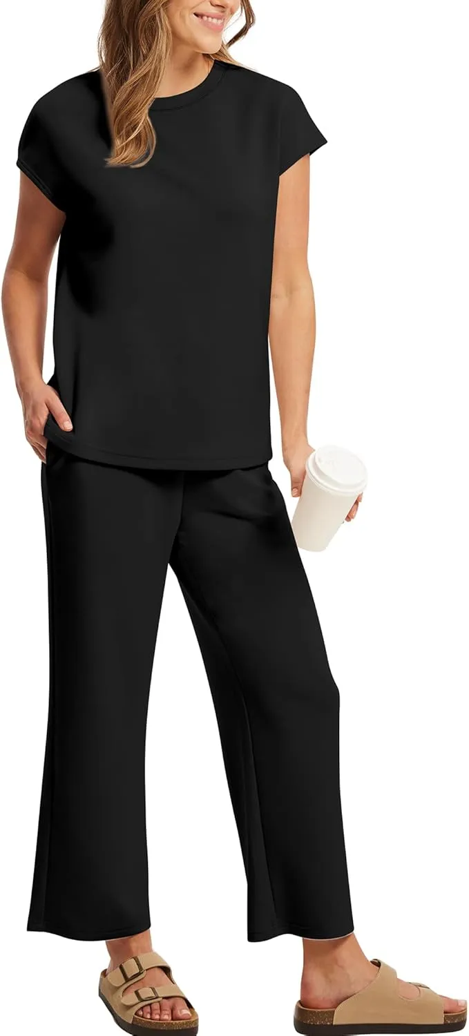 SAMPEEL Two Piece Sets for Women Summer Vacation Outfits Cap Sleeve Tops Lounge Matching Sets Clothing Beach Fashion Clothes