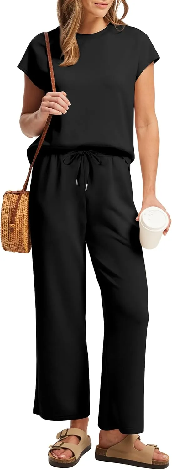 SAMPEEL Two Piece Sets for Women Summer Vacation Outfits Cap Sleeve Tops Lounge Matching Sets Clothing Beach Fashion Clothes