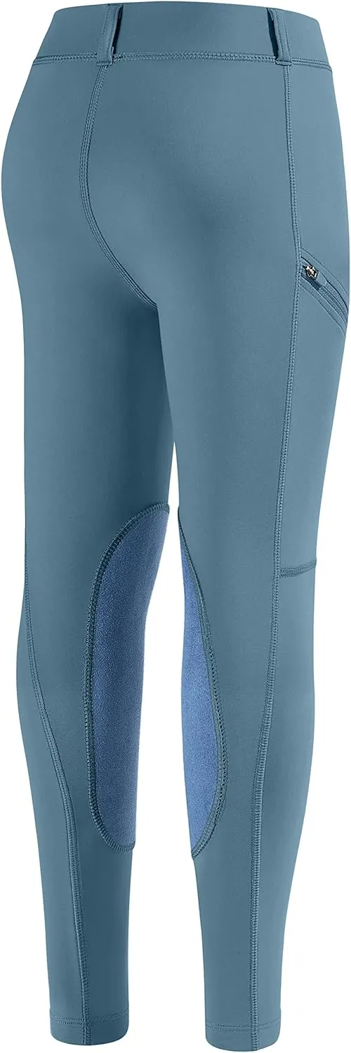 SANTINY Girls Horse Riding Pants with Zipper Pockets Kids Stretchy Equestrian Breeches Knee-Patch Youth Schooling Tights