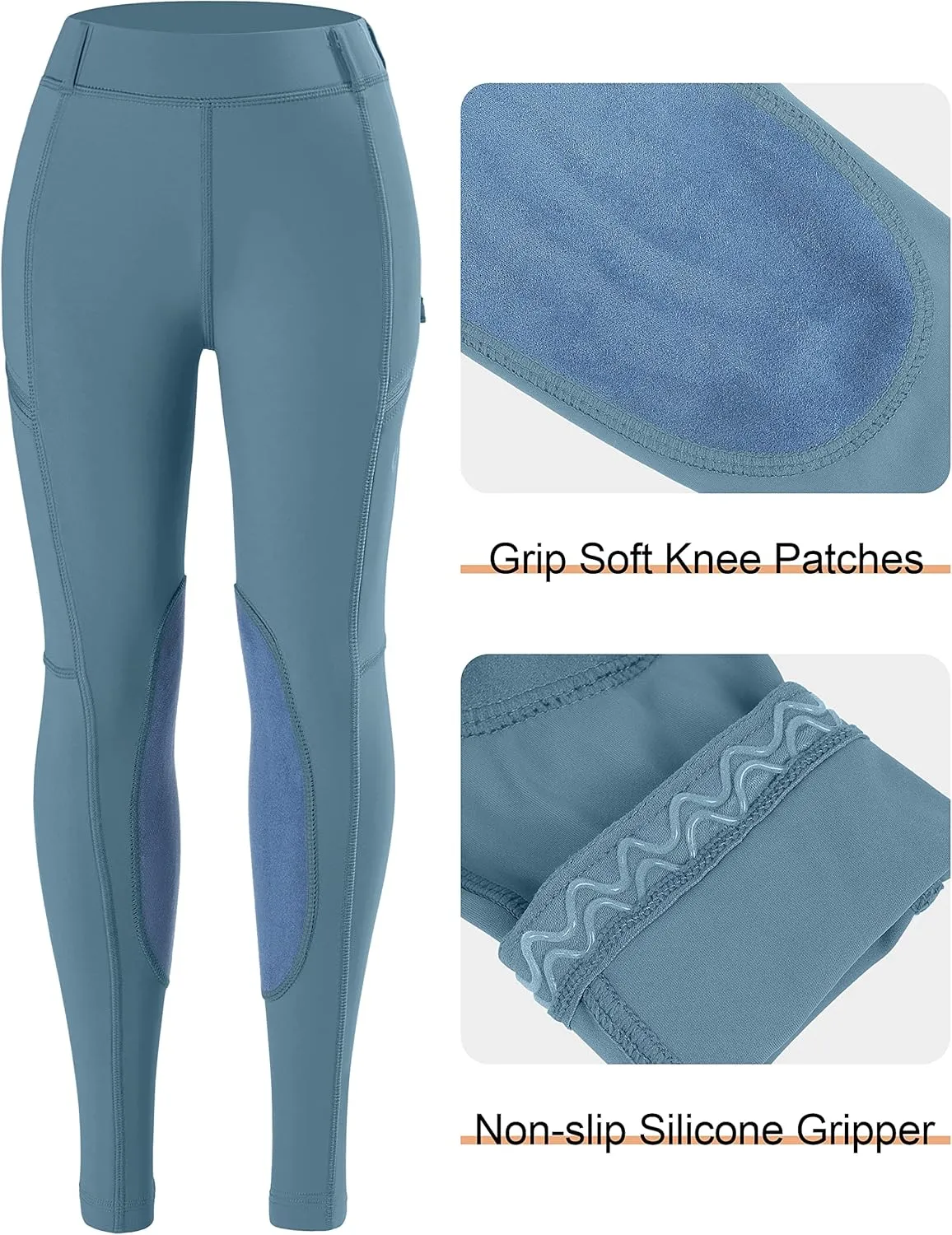 SANTINY Girls Horse Riding Pants with Zipper Pockets Kids Stretchy Equestrian Breeches Knee-Patch Youth Schooling Tights