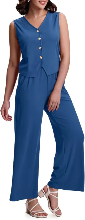 SeSe Code Womens 2 Piece Outfits Business Casual Button Up Vest and Wide Leg Pants Waffle Knit Sleeveless Blazer Suit Set
