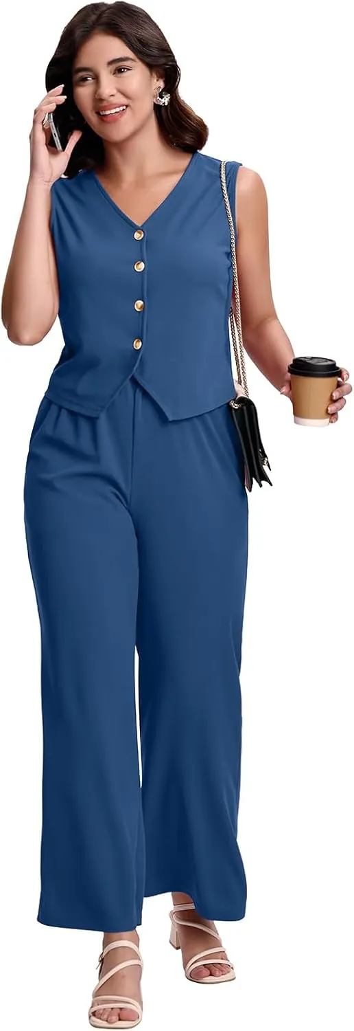 SeSe Code Womens 2 Piece Outfits Business Casual Button Up Vest and Wide Leg Pants Waffle Knit Sleeveless Blazer Suit Set