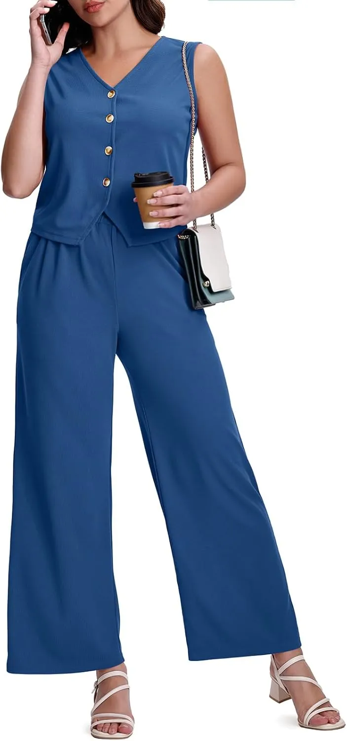 SeSe Code Womens 2 Piece Outfits Business Casual Button Up Vest and Wide Leg Pants Waffle Knit Sleeveless Blazer Suit Set