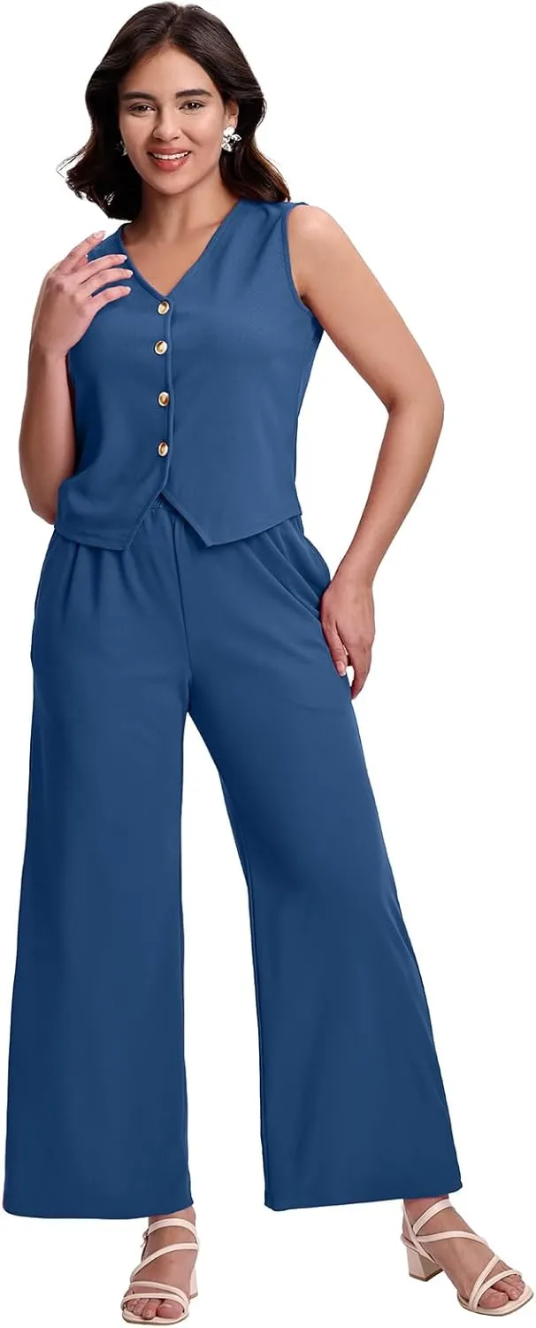 SeSe Code Womens 2 Piece Outfits Business Casual Button Up Vest and Wide Leg Pants Waffle Knit Sleeveless Blazer Suit Set