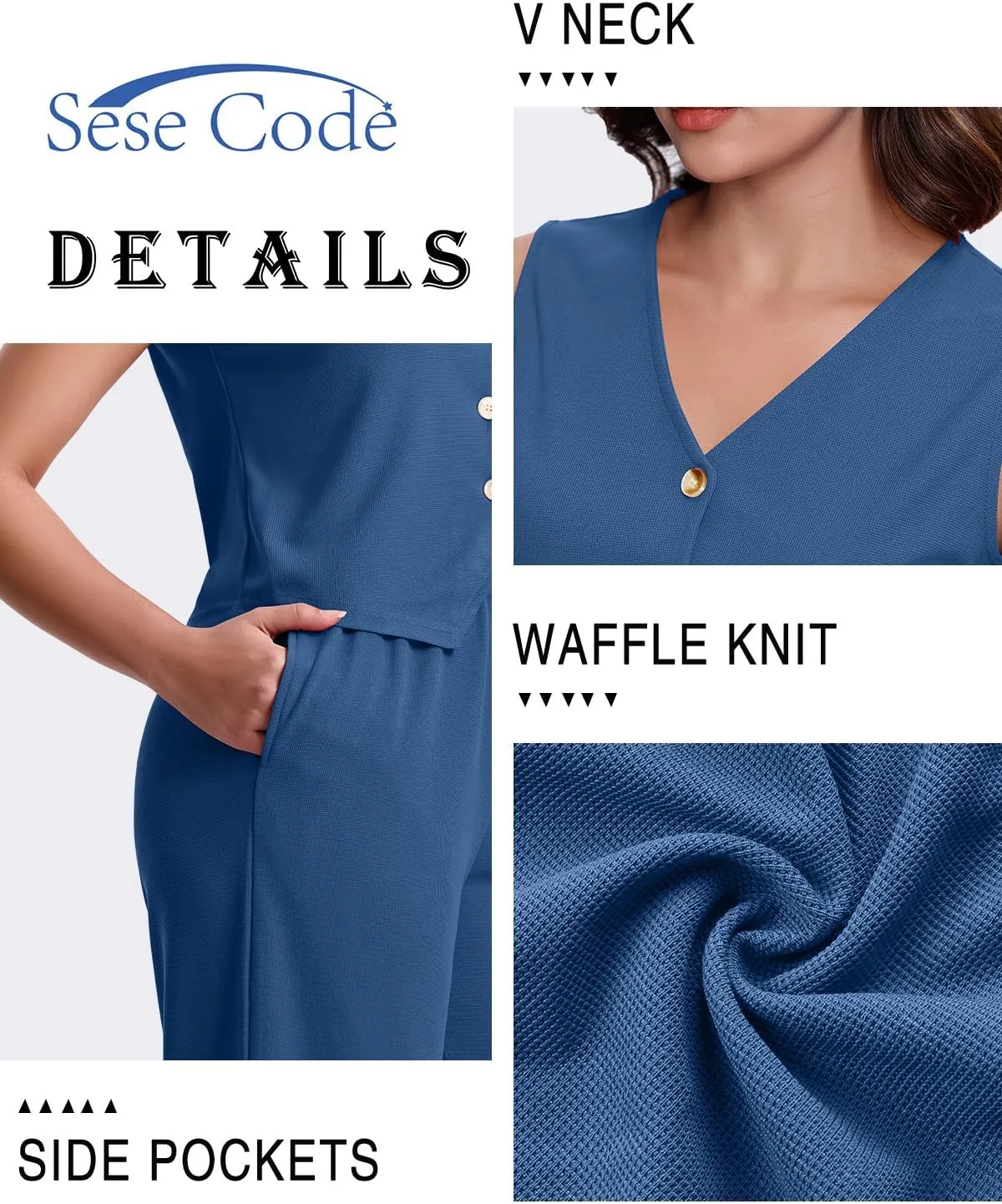 SeSe Code Womens 2 Piece Outfits Business Casual Button Up Vest and Wide Leg Pants Waffle Knit Sleeveless Blazer Suit Set
