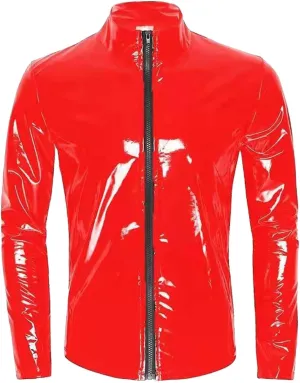 Shiny PU Leather Tops for MenFront Zipper Wetlook Long Sleeve TopCasual Slim Fit Round Neck T-Shirt Party Clubwear