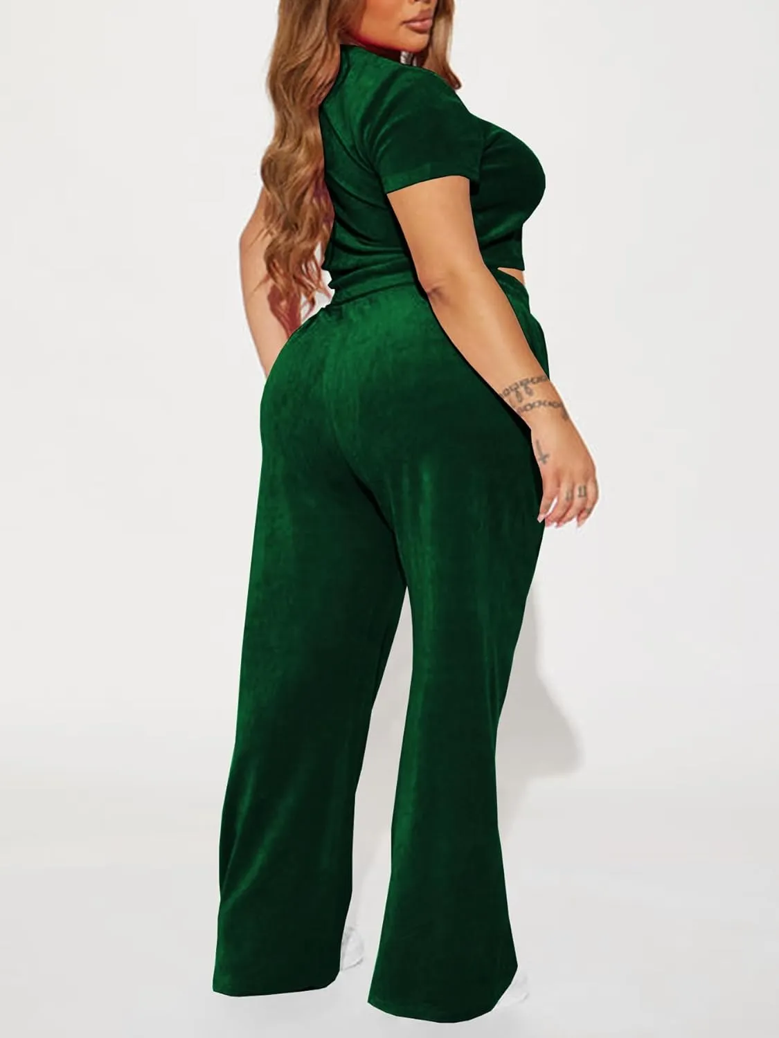 SMSN Women 2 Piece Outfits Velvet Sweatsuit Set Casual Short Sleeve Pullover Tops and Wide Leg Sweatpant Tracksuit Sets
