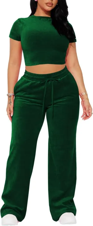 SMSN Women 2 Piece Outfits Velvet Sweatsuit Set Casual Short Sleeve Pullover Tops and Wide Leg Sweatpant Tracksuit Sets