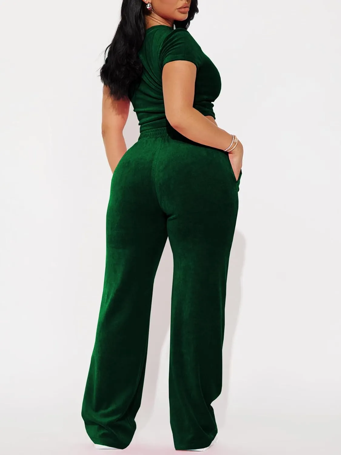 SMSN Women 2 Piece Outfits Velvet Sweatsuit Set Casual Short Sleeve Pullover Tops and Wide Leg Sweatpant Tracksuit Sets