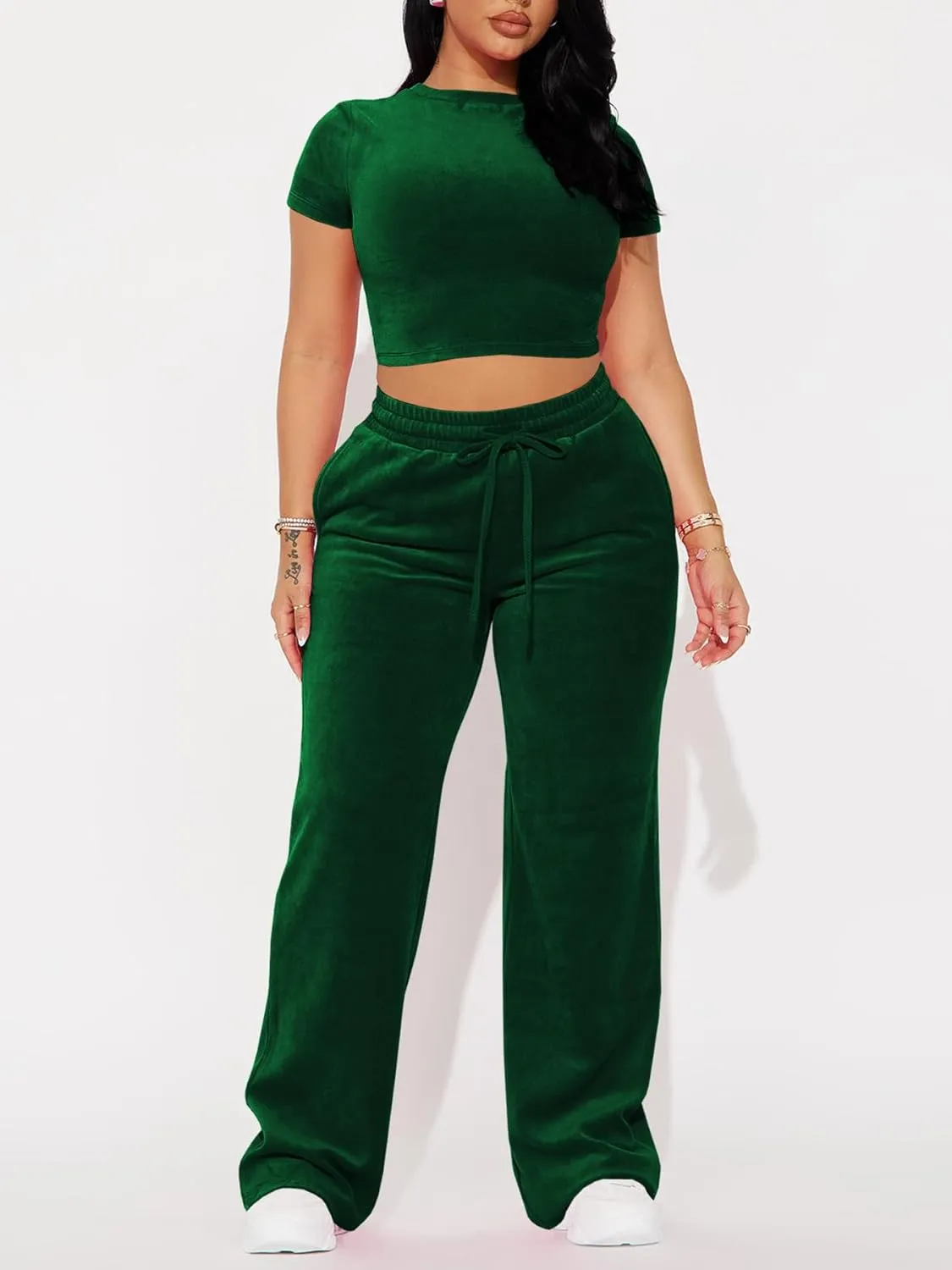 SMSN Women 2 Piece Outfits Velvet Sweatsuit Set Casual Short Sleeve Pullover Tops and Wide Leg Sweatpant Tracksuit Sets