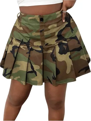 SOLY HUX Women's Plus Size Skirt Camo Print High Waisted Pleated A Line Short Skirts