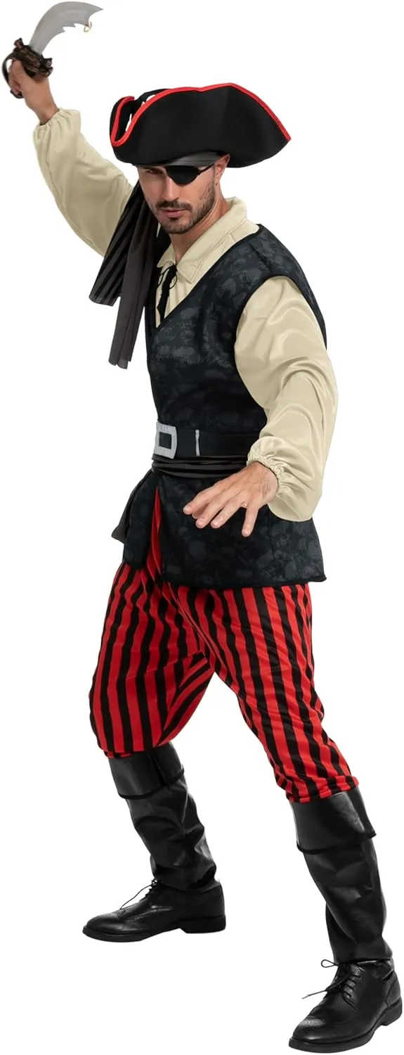 Spooktacular Creations Men Pirate Costume, Adult Pirate Shirt Vest Viking Pants Hat Set for Halloween Themed Parties