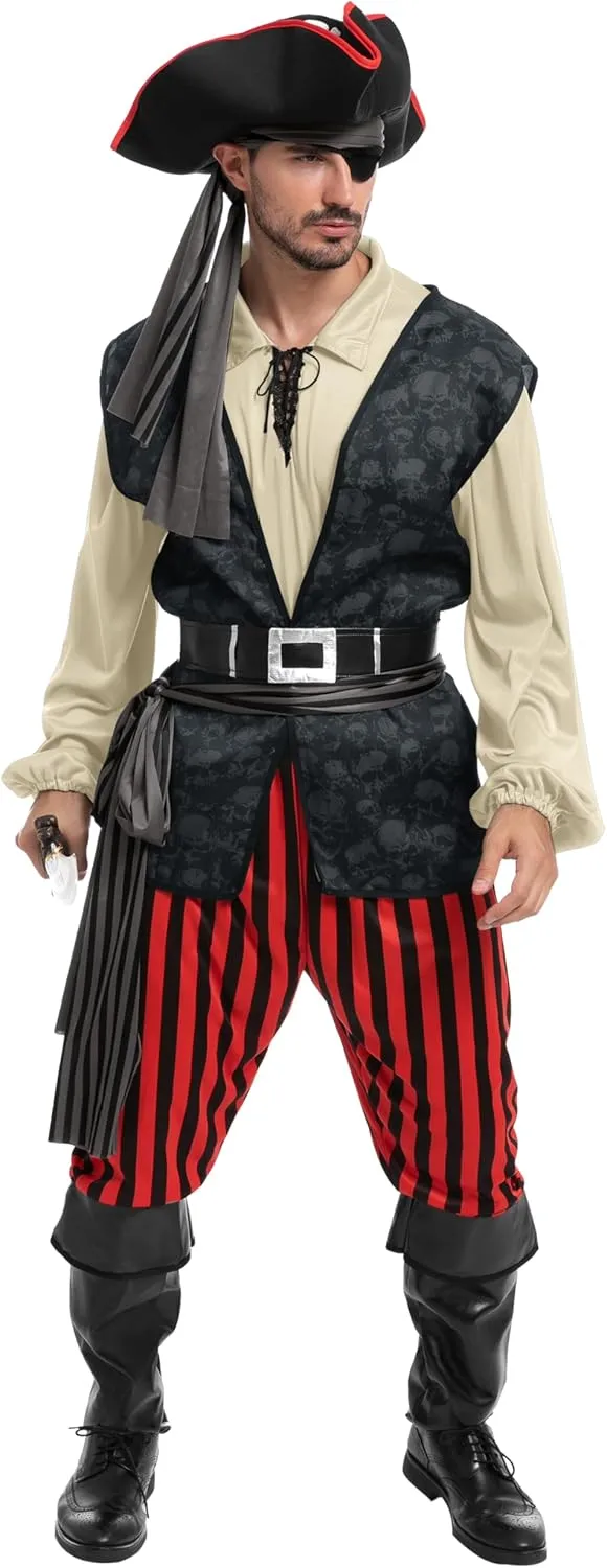 Spooktacular Creations Men Pirate Costume, Adult Pirate Shirt Vest Viking Pants Hat Set for Halloween Themed Parties