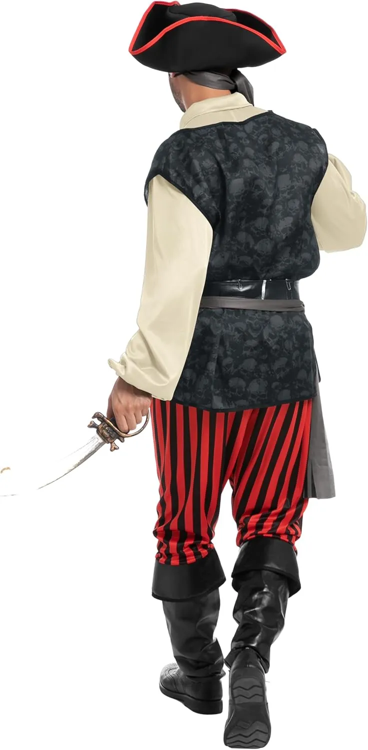 Spooktacular Creations Men Pirate Costume, Adult Pirate Shirt Vest Viking Pants Hat Set for Halloween Themed Parties