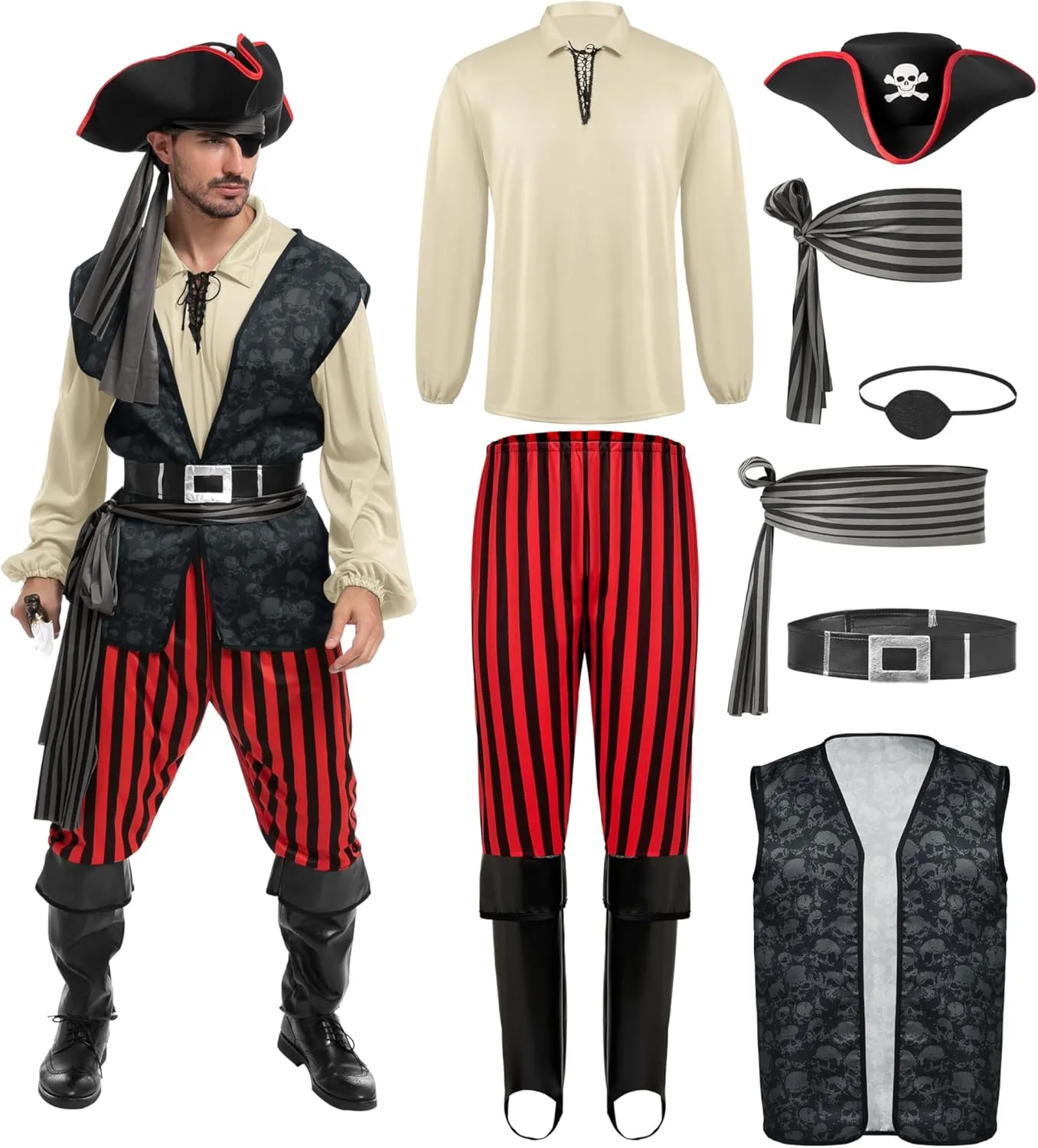 Spooktacular Creations Men Pirate Costume, Adult Pirate Shirt Vest Viking Pants Hat Set for Halloween Themed Parties