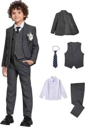 Suits for Boys Tweed Herringbone 5 Piece Toddler Kids Wedding Outfit Teen Boy Blazer Vest Pant Suit Tuxedo Set with Shirt Tie