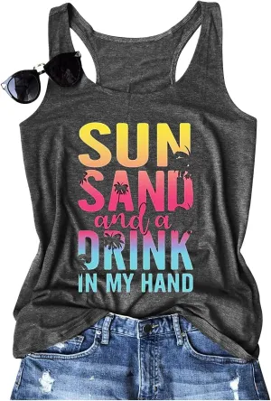 Sun Sand and A Drink in My Hand Tank Tops Beach Letter Graphic Hawaiian Vest Casual Summer Vacation Holiday Cami Shirt