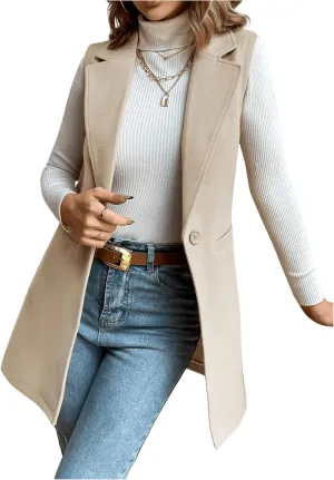 SweatyRocks Women's Elegant Sleeveless Blazer Jacket Vest Open Front Long Cardigan Apricot S