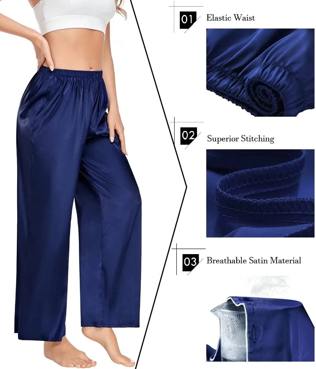 SWOMOG Women's Silk Satin Pajama Pants Longs Silky Sleep Pants Loungewear Trousers Elastic Waist Lounge Pj Bottoms