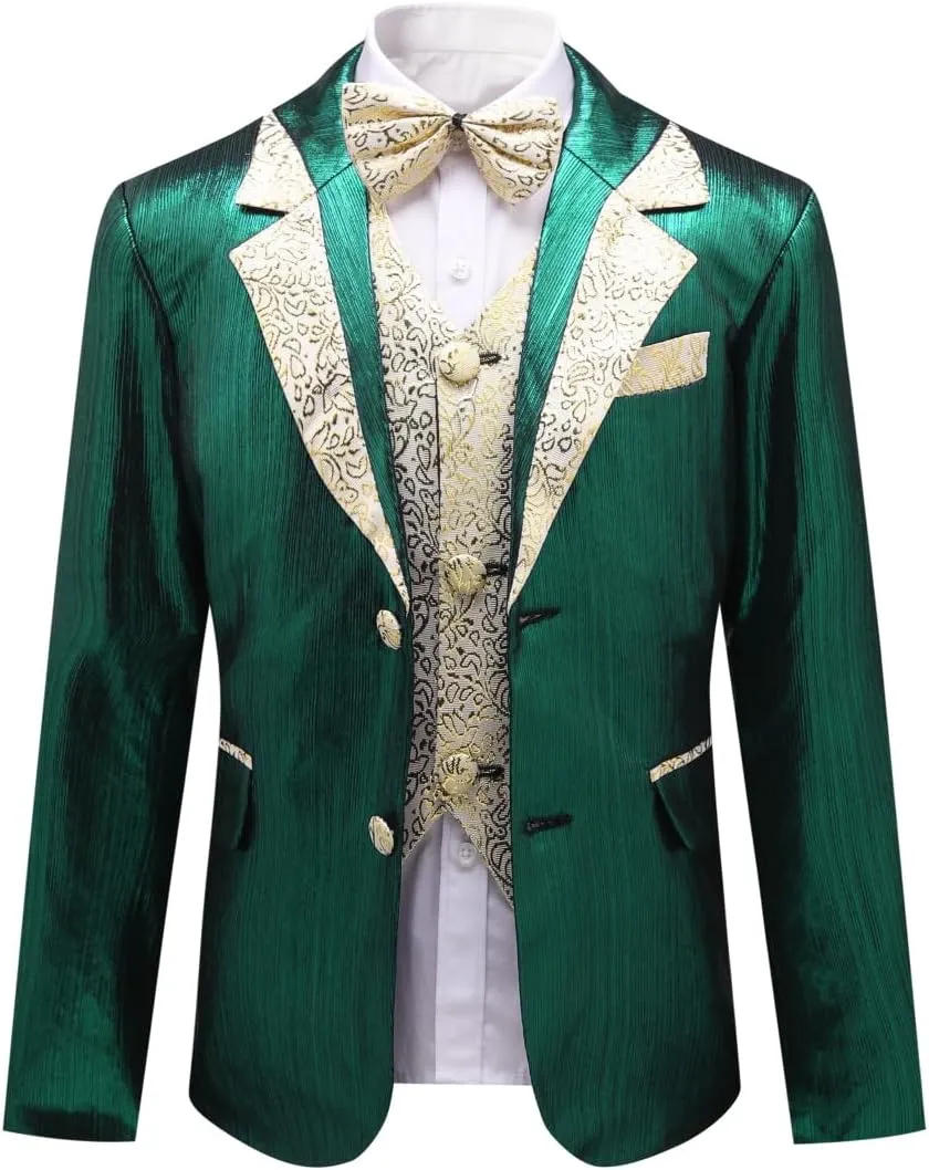 SWOTGdoby Boys Slim Fit Suits 4 Pieces Blazer Vest Pants Bowtie Jacket with Gold Rims for Wedding Party Prom
