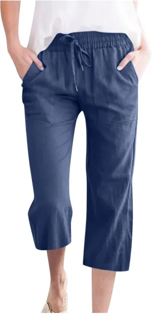 TANGNADE Summer Plus Size Capris for Women Cotton Linen Capri Pants Elastic High Waist Straight Wide Leg Cropped Trouser
