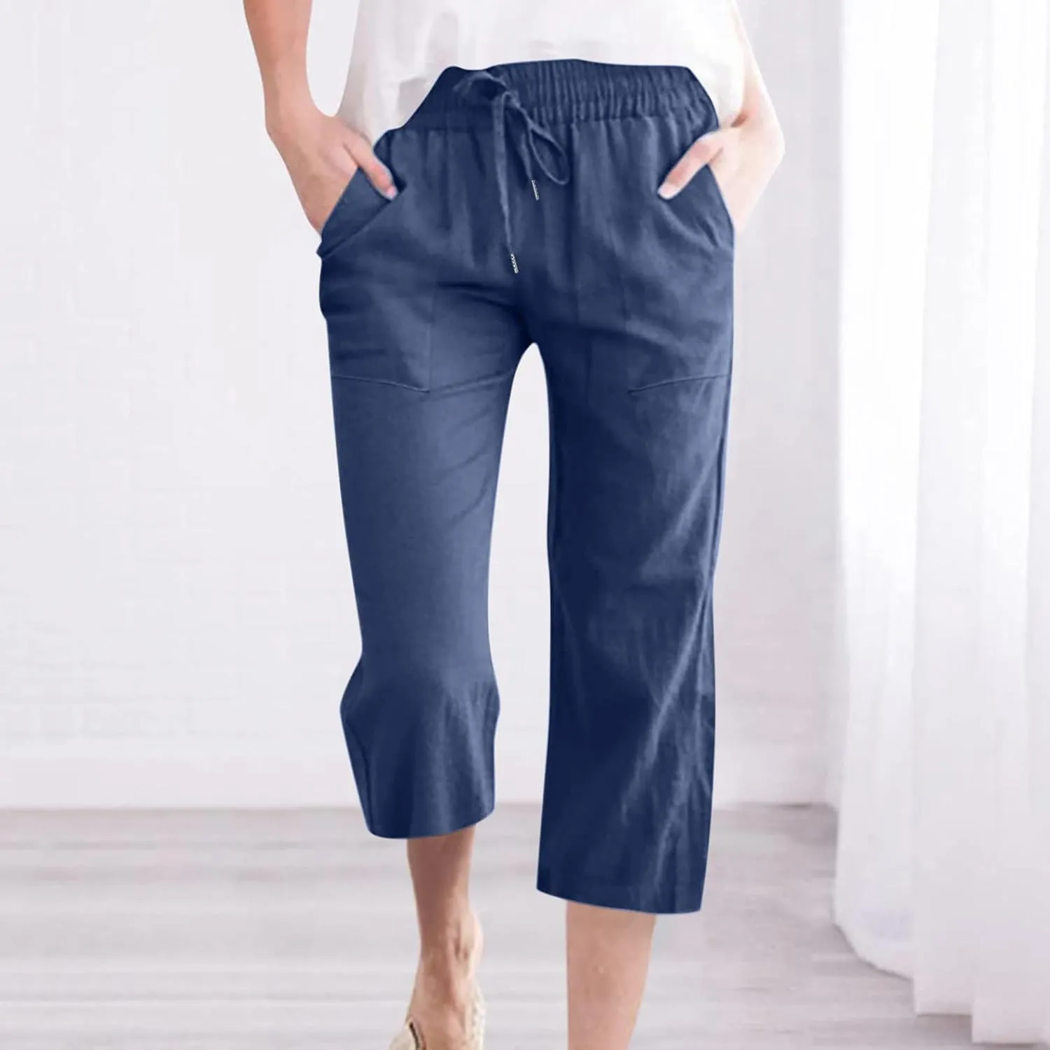 TANGNADE Summer Plus Size Capris for Women Cotton Linen Capri Pants Elastic High Waist Straight Wide Leg Cropped Trouser