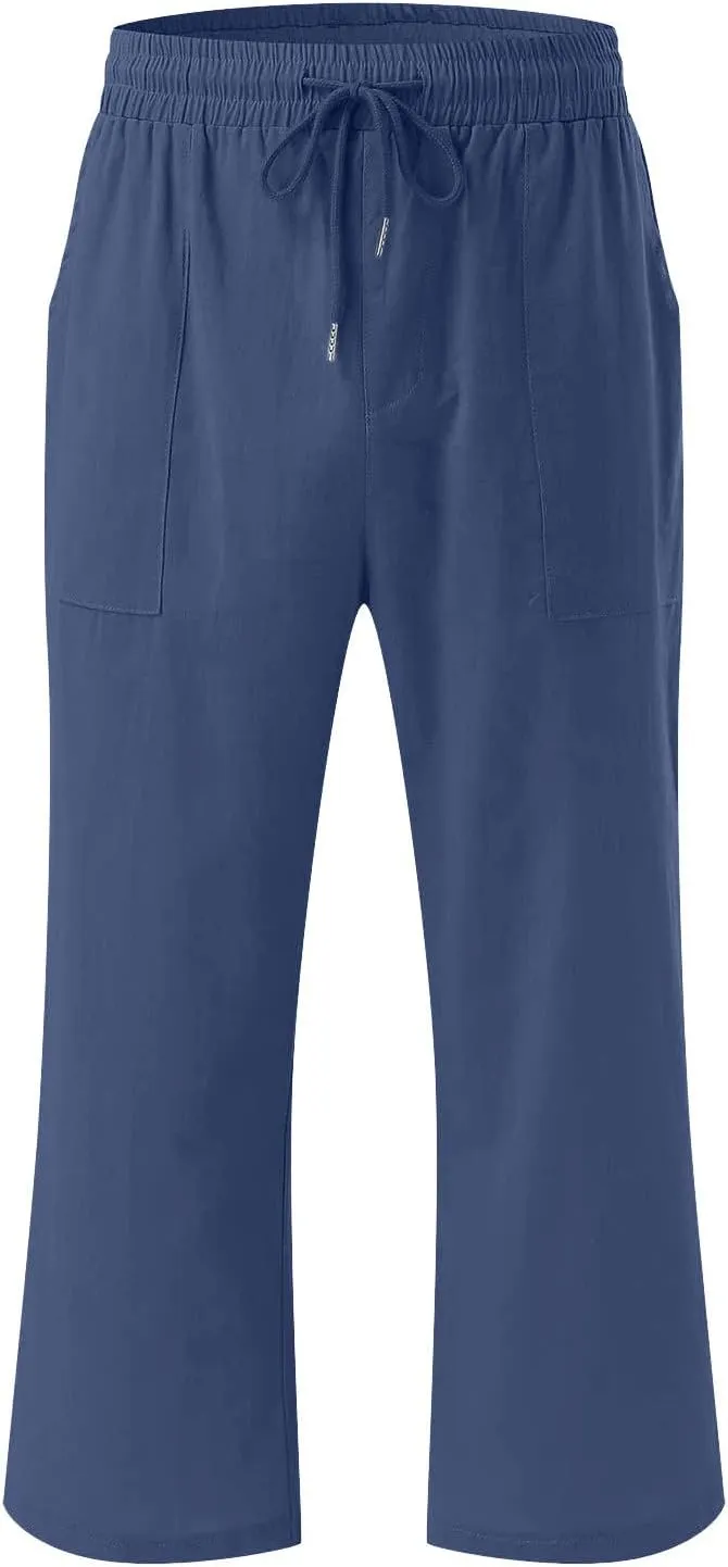 TANGNADE Summer Plus Size Capris for Women Cotton Linen Capri Pants Elastic High Waist Straight Wide Leg Cropped Trouser